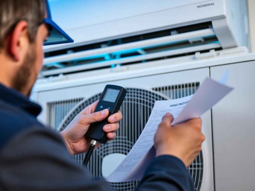 Técnico fazendo manutenção em ar condicionado com medidor digital